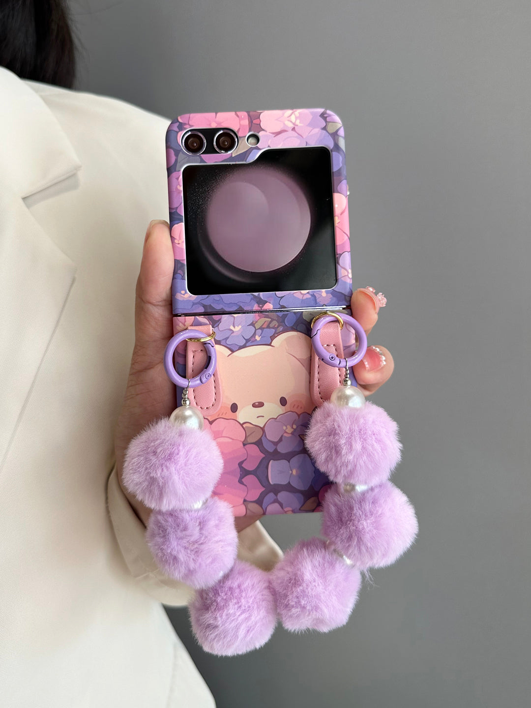 Floral Flip Phone Case with Pom-Pom Strap