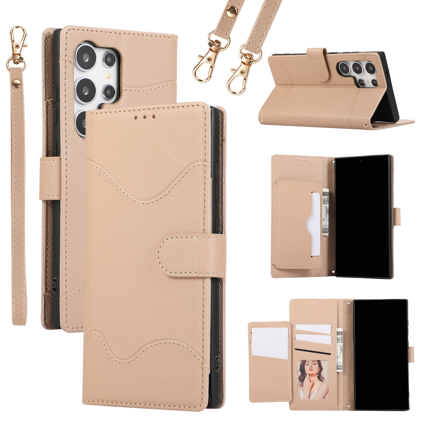 Casing Kulit Casing Ponsel Flip Tali Selempang Slot Multi Kartu