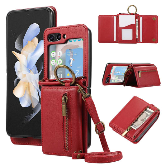 Tri-fold card holder with finger ring clasp, shoulder strap, zipper, leather case, phone case