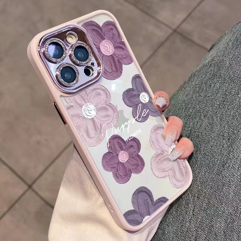 Casing pelindung bunga lukisan cat minyak ungu iPhone + film lensa