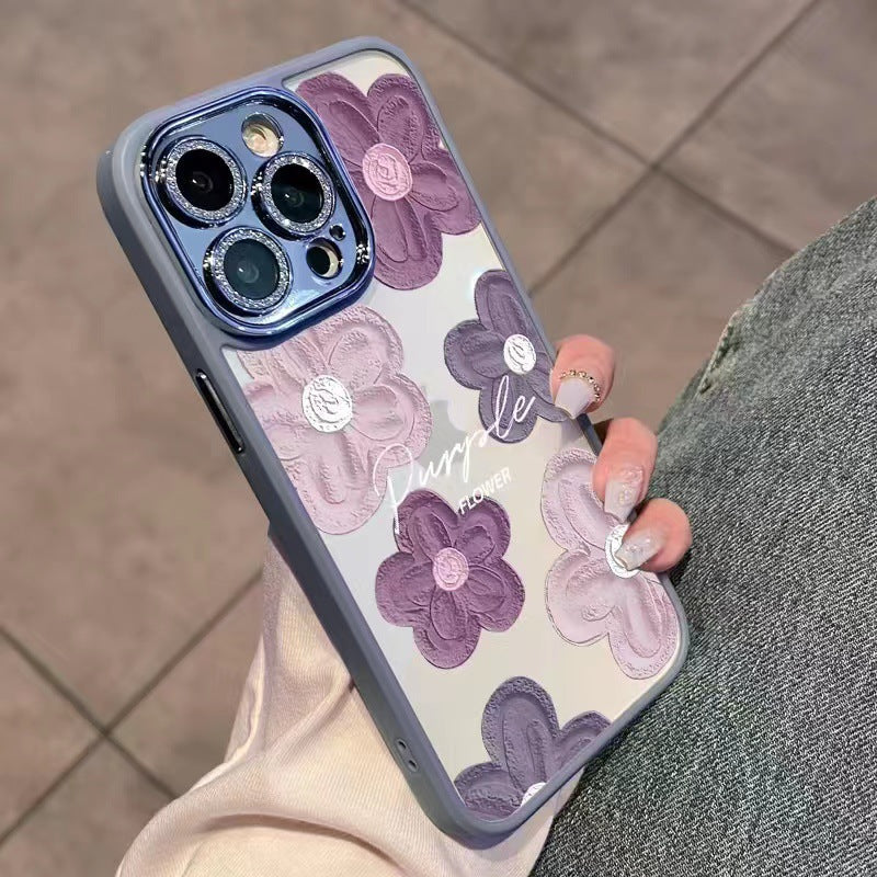 Casing pelindung bunga lukisan cat minyak ungu iPhone + film lensa