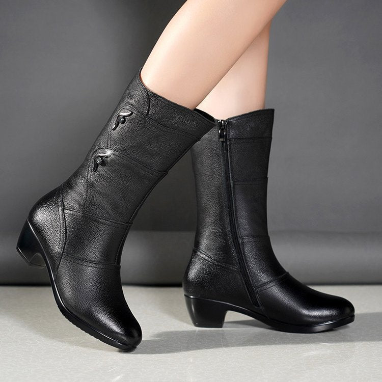 Botas femininas plataforma de cano médio com salto grosso e salto grosso 