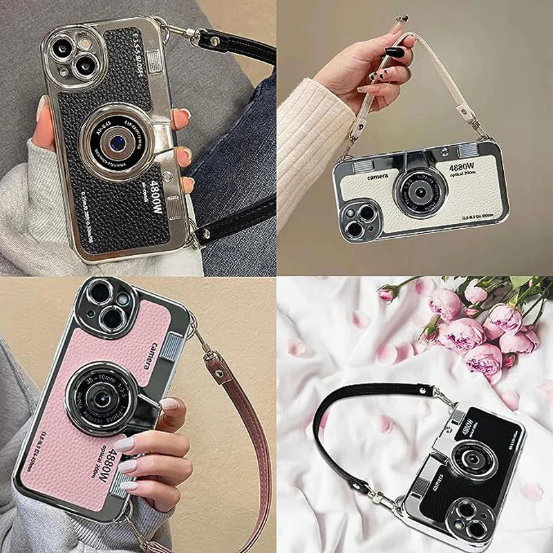 Cocok untuk casing ponsel kamera Retro Stereo seri IPhone 14 dan 15 dengan tali