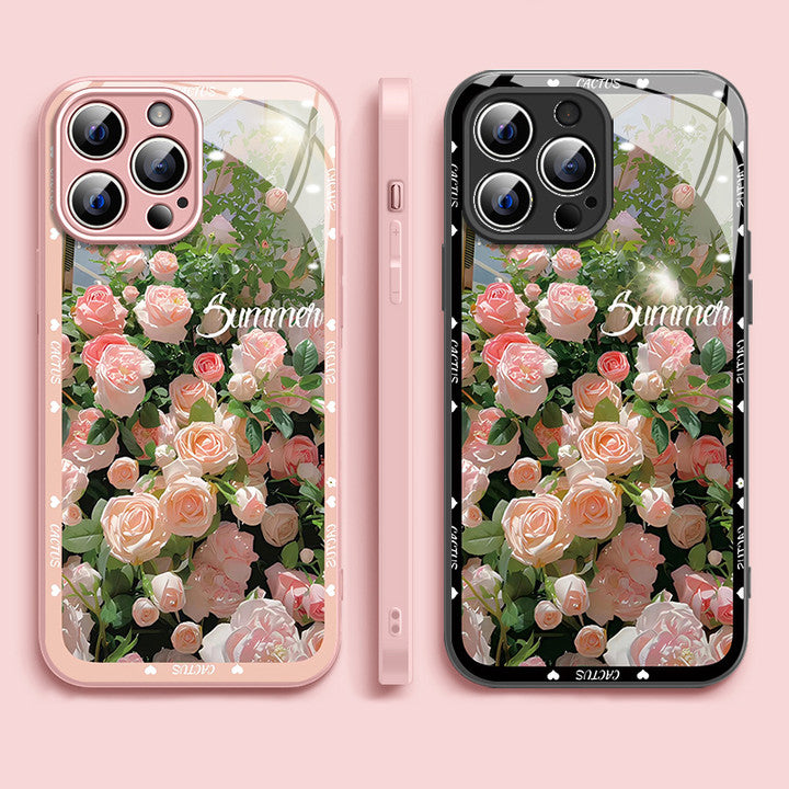 Metal Glass Rose Pattern Case Cover For iPhone
