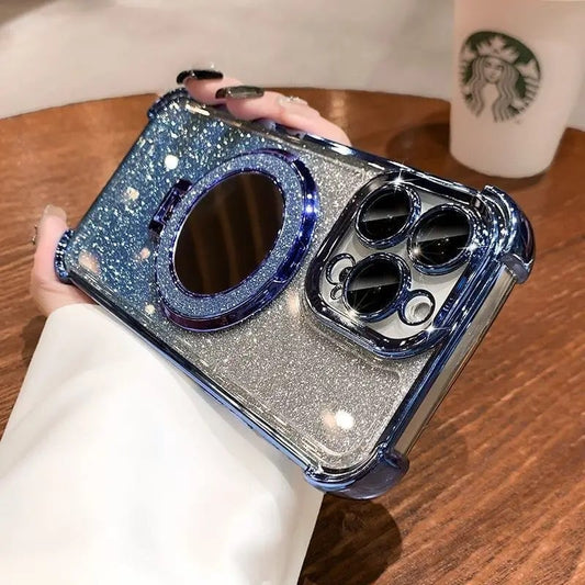 Glitter Mirror Magnetic Holder with Lens Film Four Corners Drop Proof Phone Case for iphone