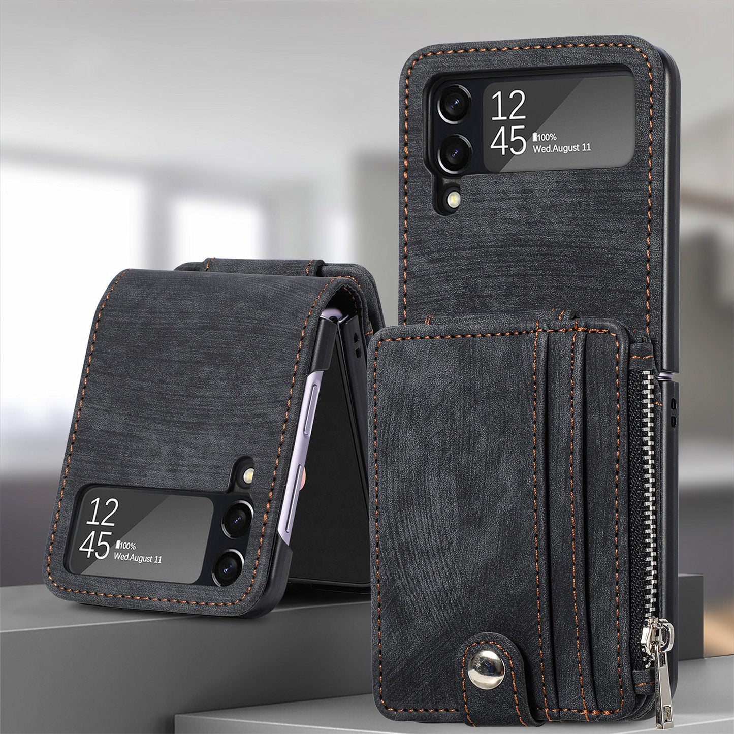 Capa dobrável de couro destacável 2 em 1 com zíper para Samsung Flip4 Flip3 5G 