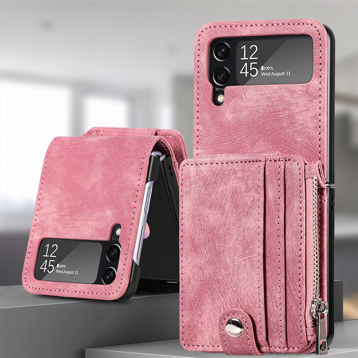 Capa dobrável de couro destacável 2 em 1 com zíper para Samsung Flip4 Flip3 5G 