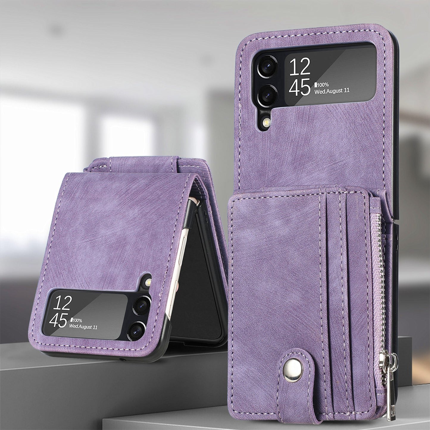 Capa dobrável de couro destacável 2 em 1 com zíper para Samsung Flip4 Flip3 5G 