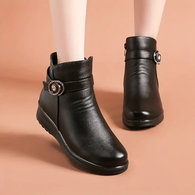 Botas femininas, monocromáticas, inverno, plataforma de couro com neve 