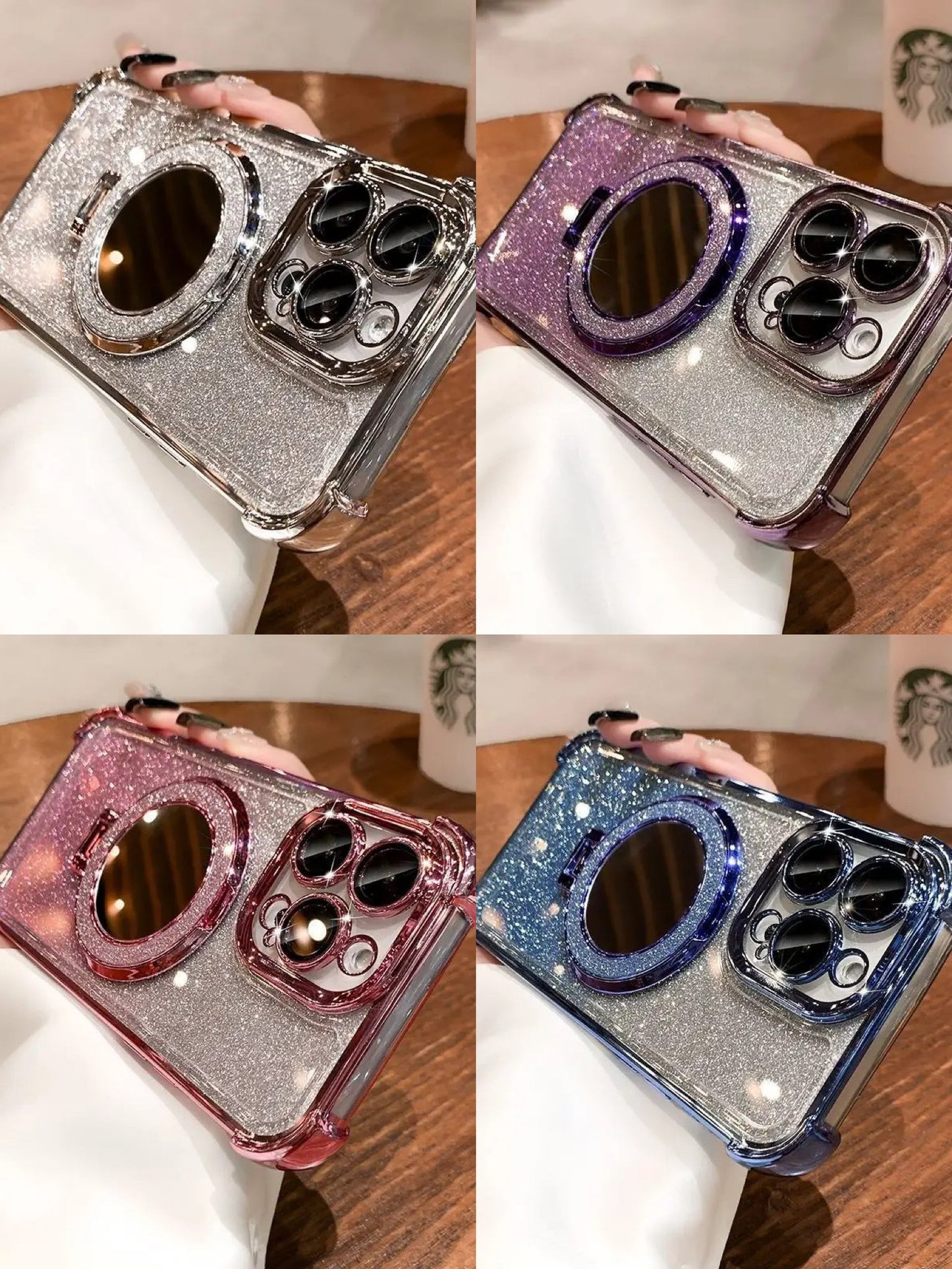 Glitter Mirror Magnetic Holder with Lens Film Four Corners Drop Proof Phone Case for iphone