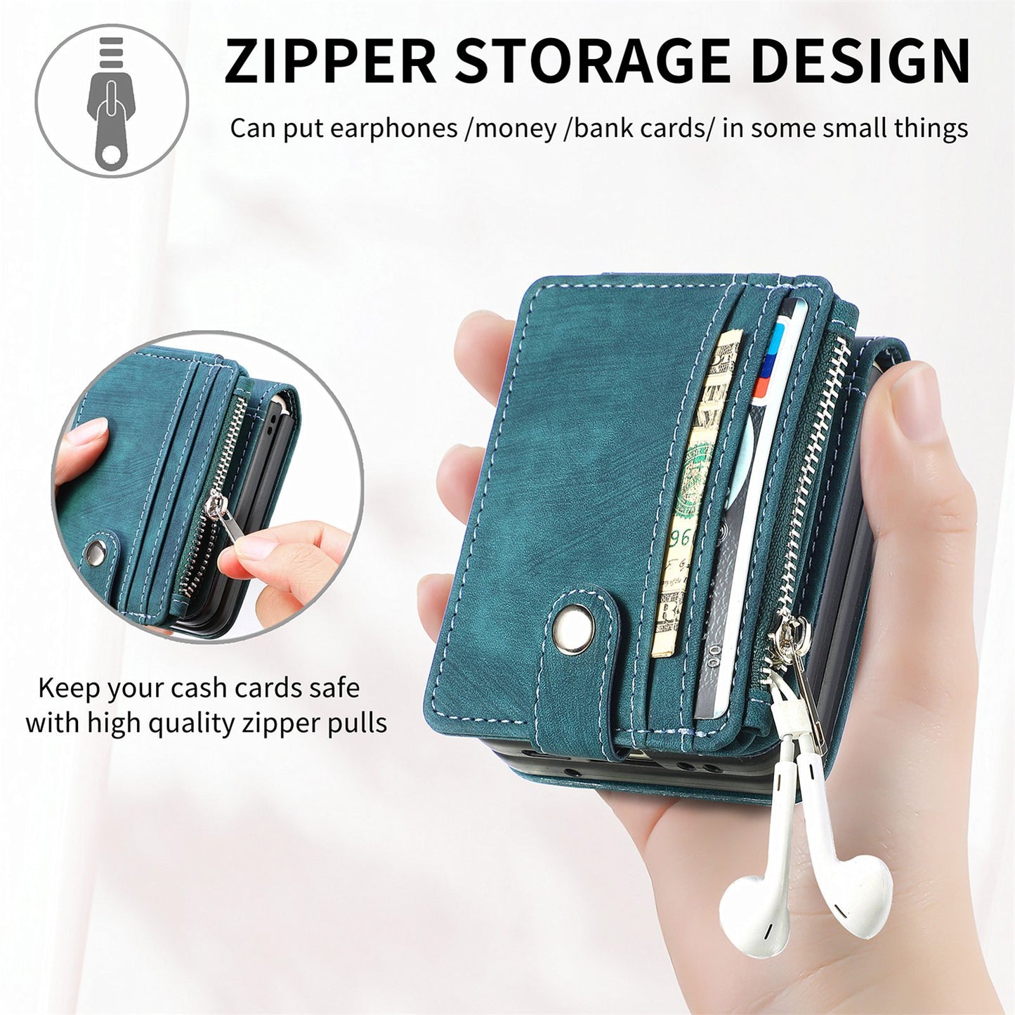 Capa dobrável de couro destacável 2 em 1 com zíper para Samsung Flip4 Flip3 5G 