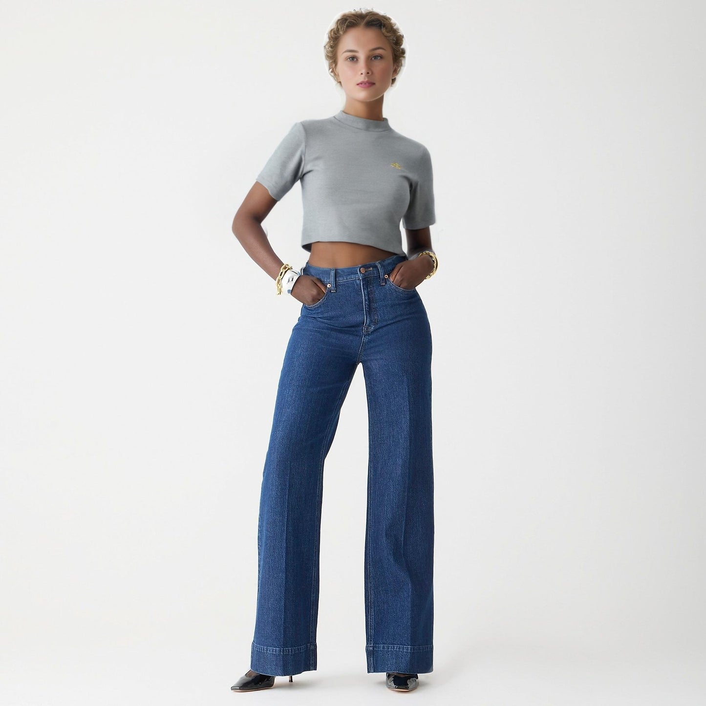 Calça jeans alta com controle de barriga e perna larga 