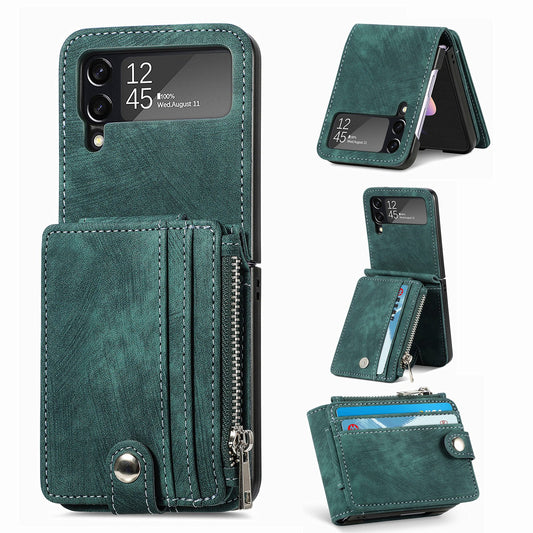 Capa dobrável de couro destacável 2 em 1 com zíper para Samsung Flip4 Flip3 5G 