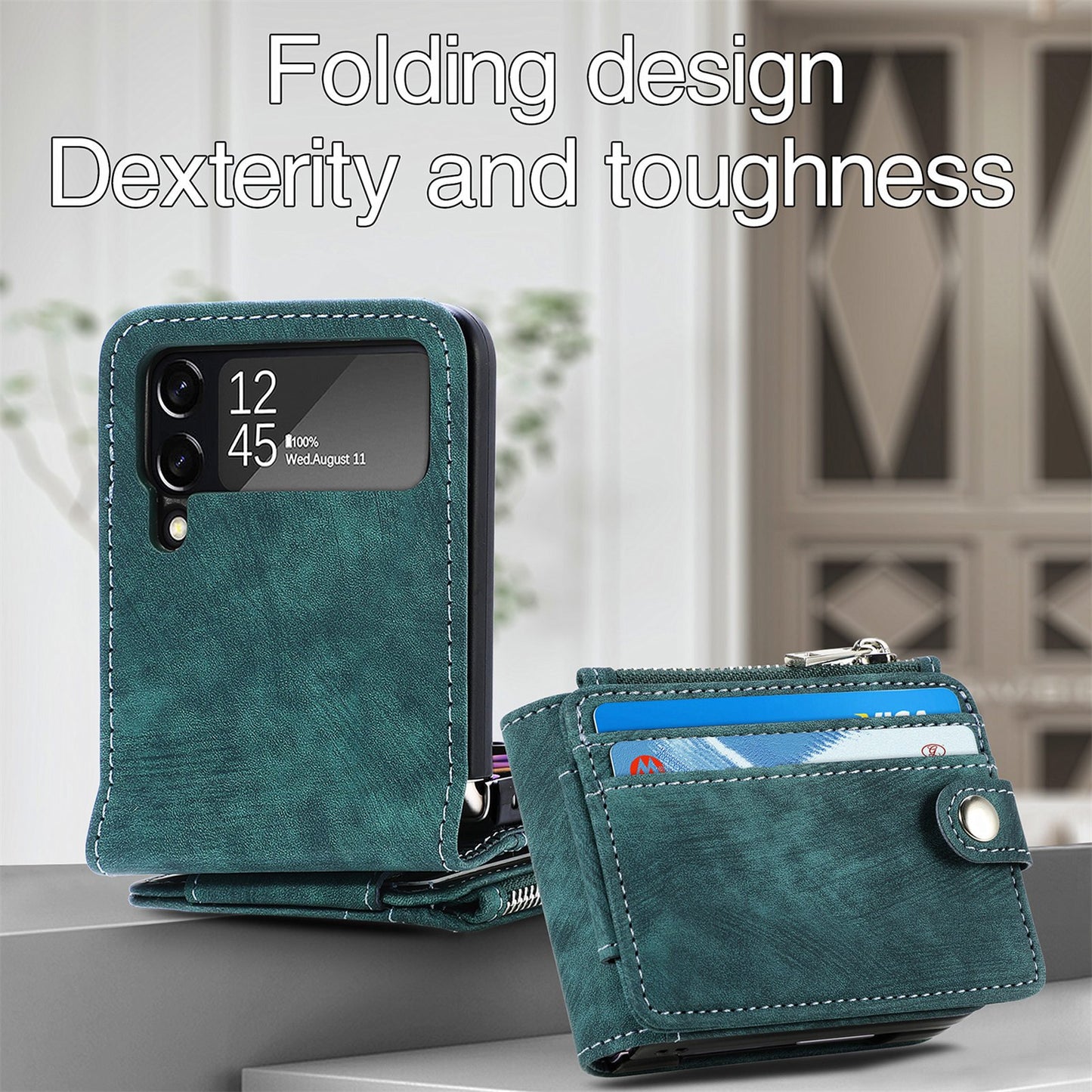 Capa dobrável de couro destacável 2 em 1 com zíper para Samsung Flip4 Flip3 5G 