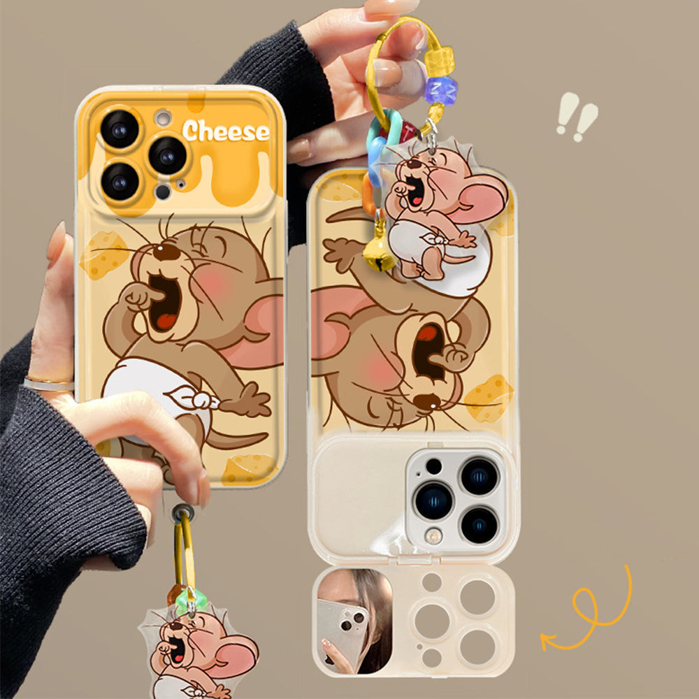 Casing Ponsel Liontin Keju Lucu Mickey Mouse Dengan Cermin Flip