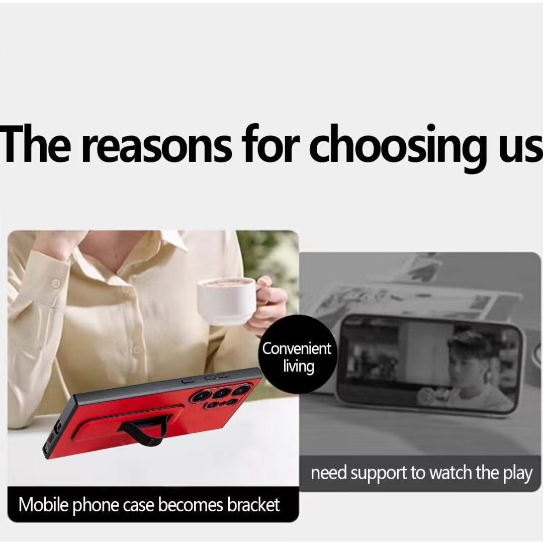 Casing Ponsel Kulit Polos Braket Dorong Tarik Tak Terlihat untuk Samsung