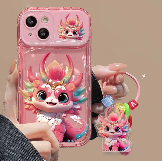 Cute Colorful Dragon Pendant Phone Case with Flip Mirror For iPhone