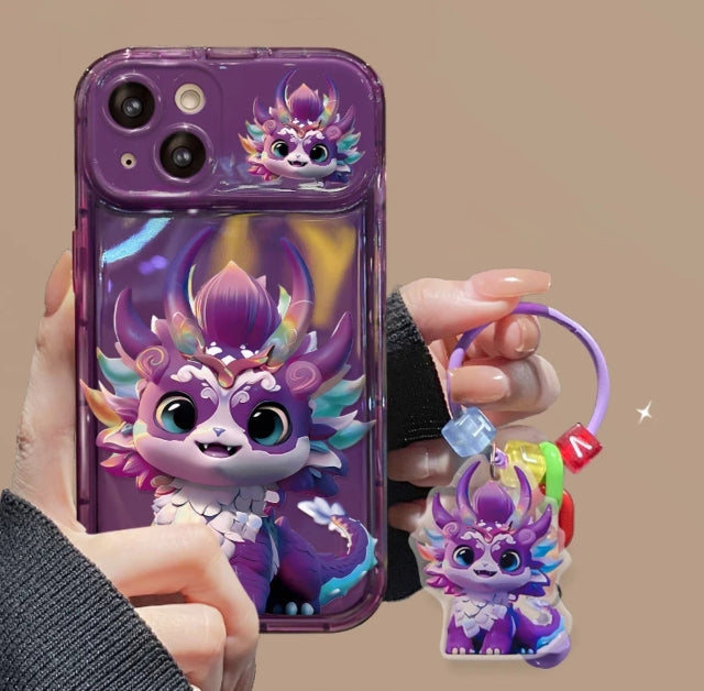 Cute Colorful Dragon Pendant Phone Case with Flip Mirror For iPhone